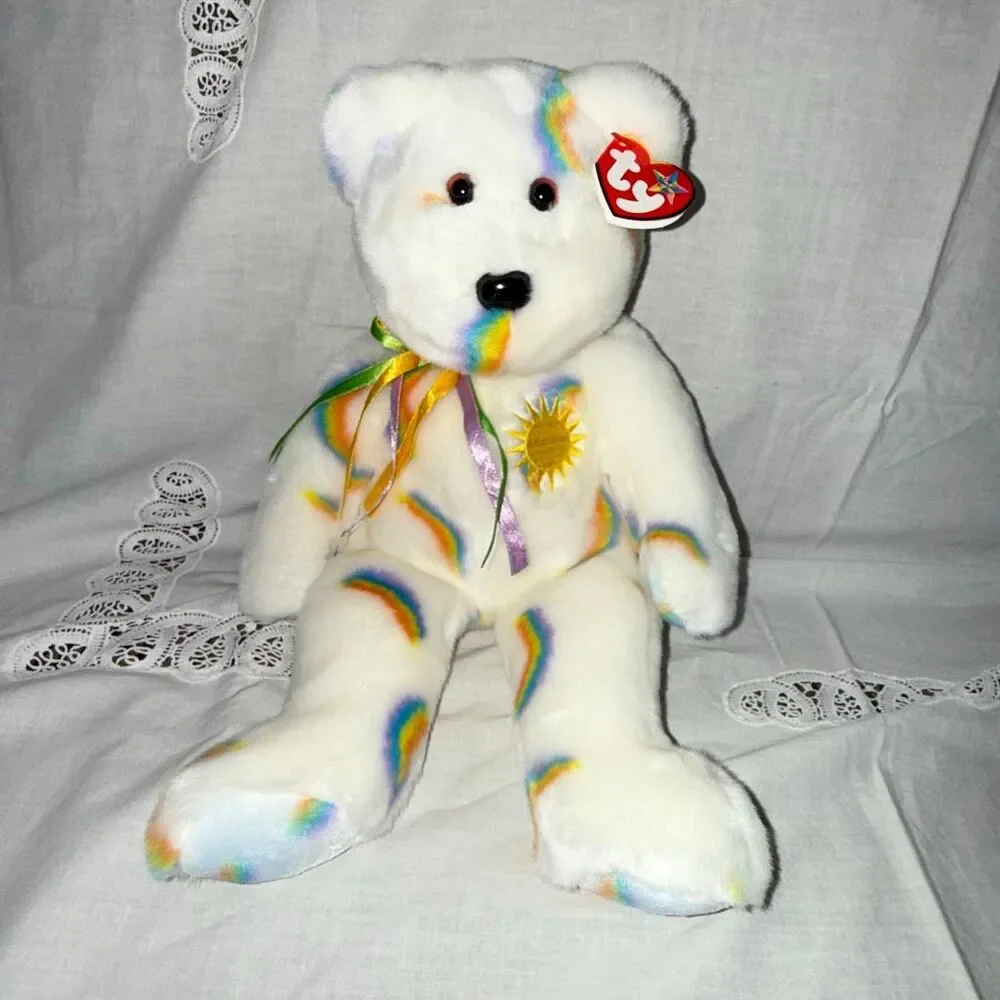 Rare 2002 Ty Beanie Buddy Cheery 15” Rainbow Sun Bear – Mint with Embroidered Ty